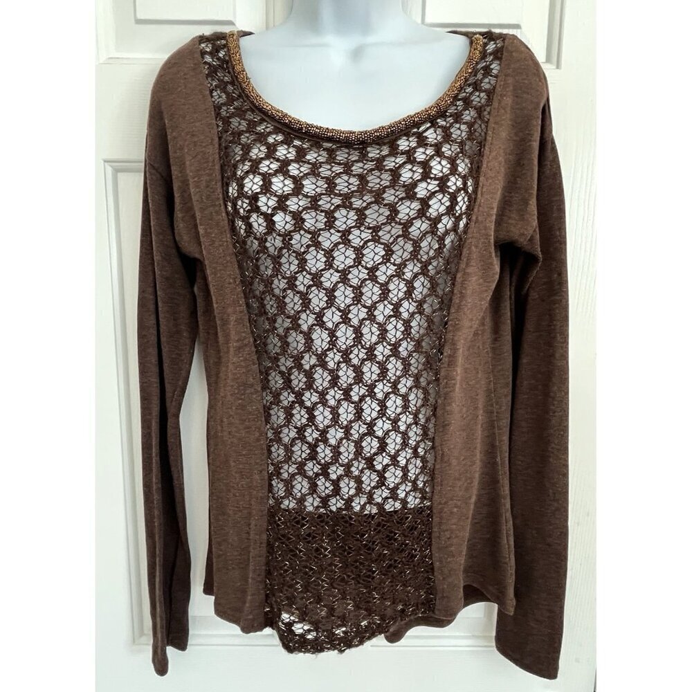 Miss Me Sheer Lace Crochet Brown Open Knit Front Pullover Sweater Top M Boho